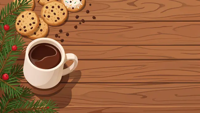 Flat illustration of a wooden table with holiday treats, pine sprigs, and empty copy space on the right.