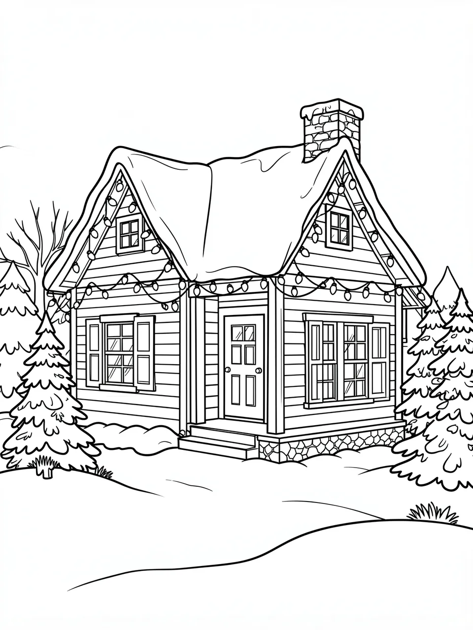 Black and white line art of a snowy cottage strung with festive Christmas lights surrounded by evergreen trees