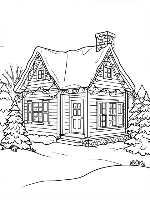 Black and white line art of a snowy cottage strung with festive Christmas lights surrounded by evergreen trees