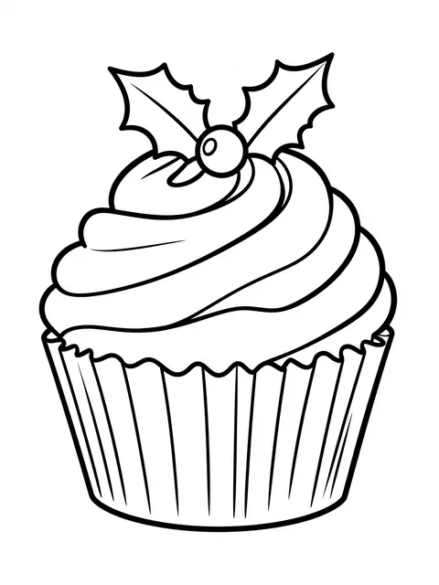 Black and white bold line art of a frosted cupcake topped with a holly sprig on a plain white background