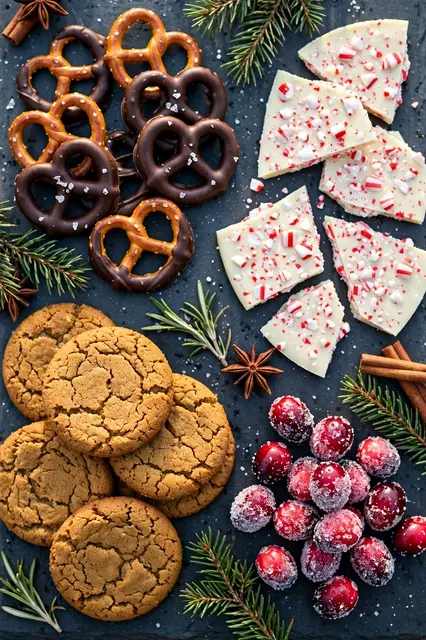 Overhead view of a dark slate board arranged with festive Christmas holiday treats and evergreen sprigs