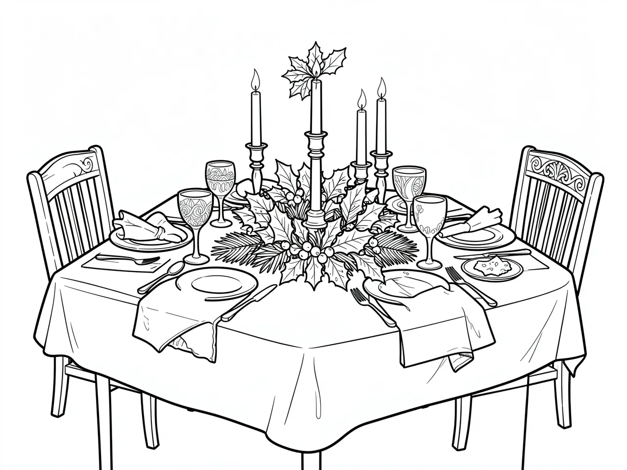 Black and white line art of a set Christmas dinner table with candles, holly, tableware and surrounding chairs