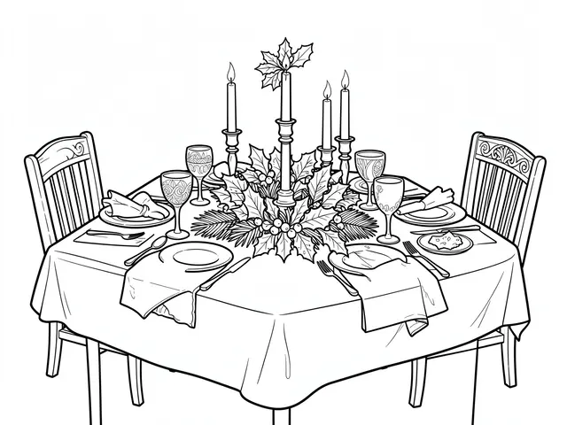 Black and white line art of a set Christmas dinner table with candles, holly, tableware and surrounding chairs