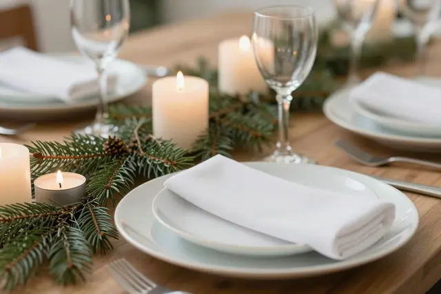 Rustic wooden holiday table set with stacked plates, folded napkins, glowing candles and pine branch garland.