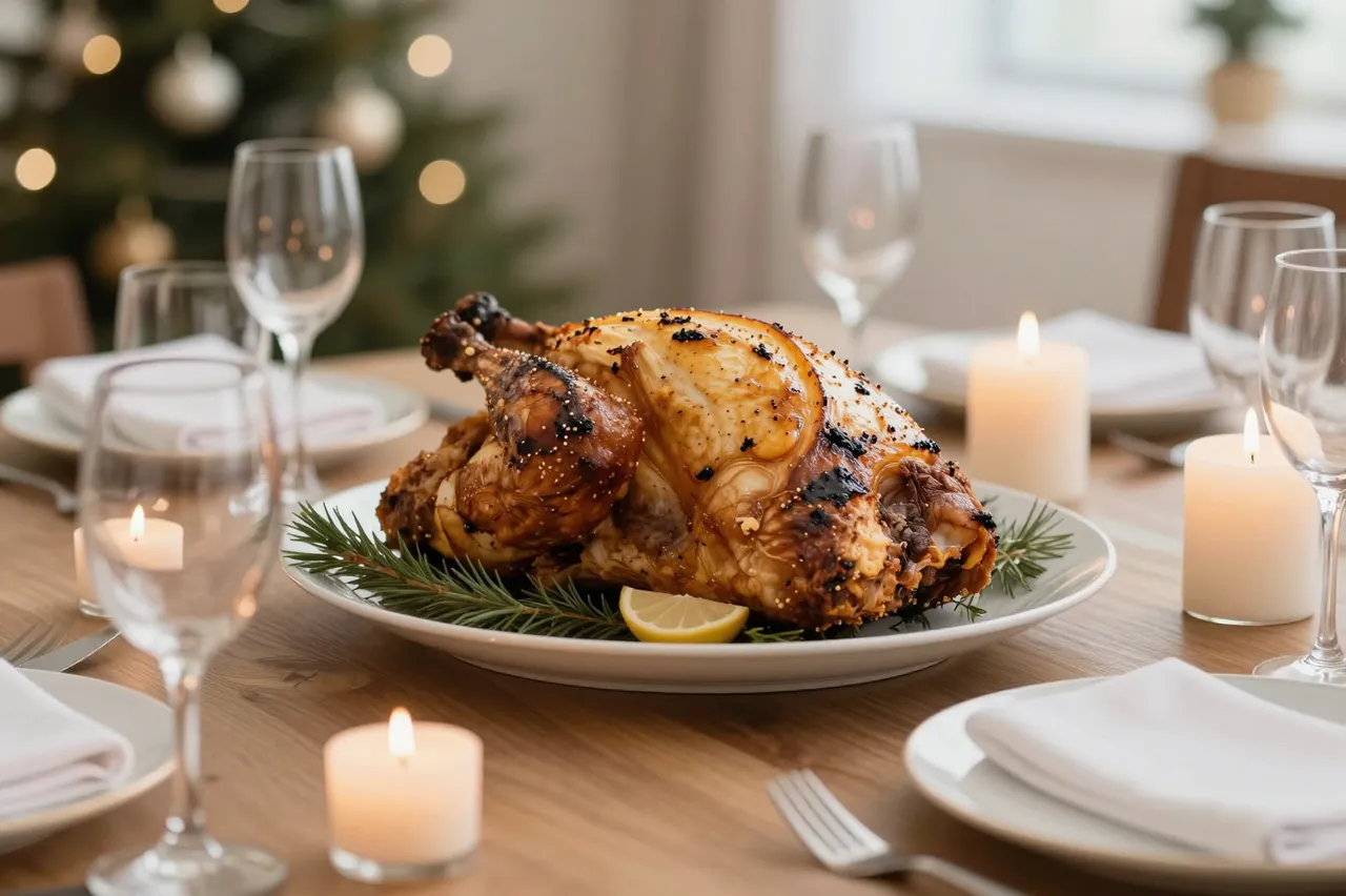 Roast poultry sits on a set wooden holiday table surrounded by lit candles, glassware and a blurred Christmas tree in the