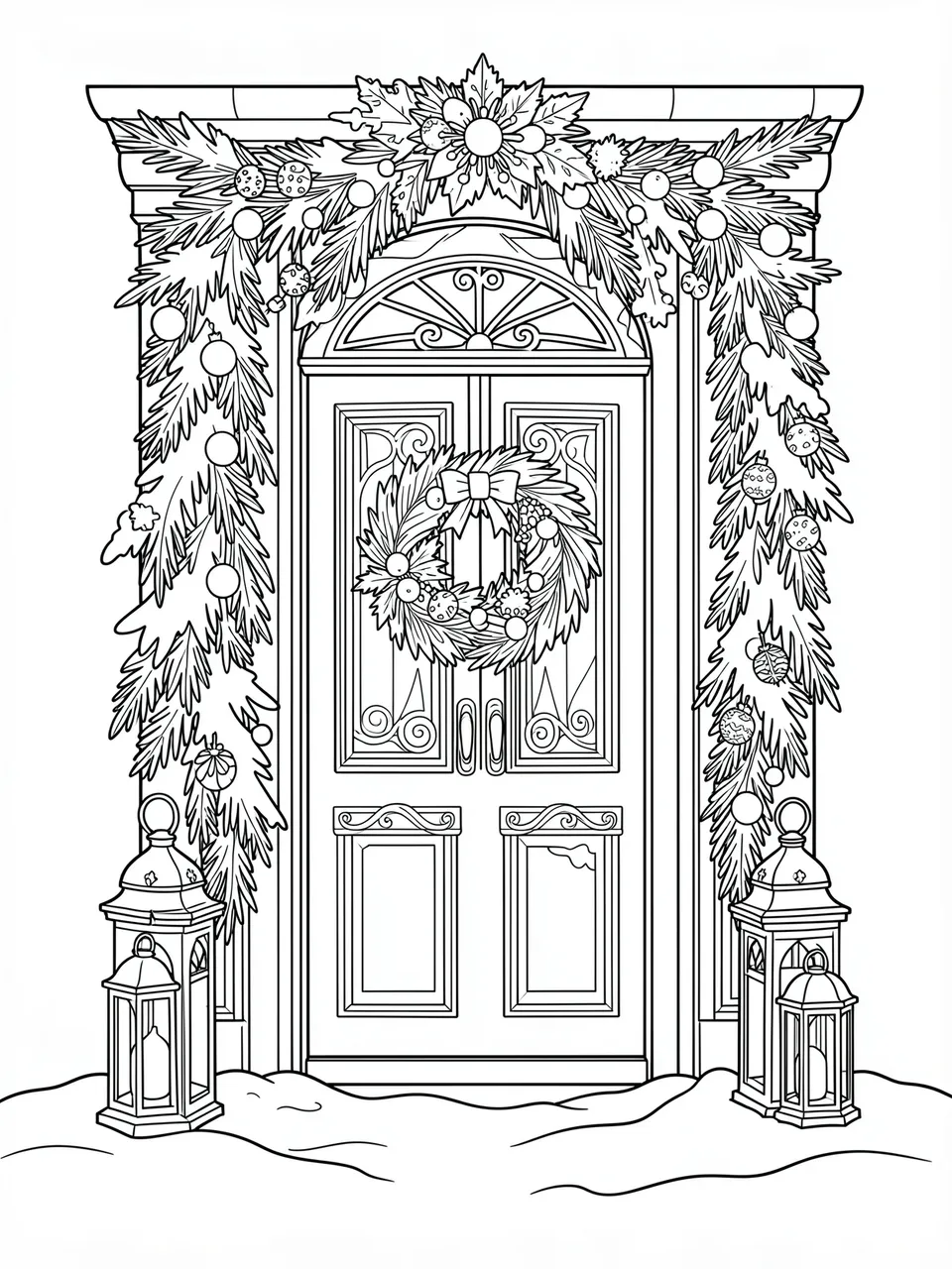 Black and white line art of a decorated front door with holiday garlands, a wreath, lanterns, and snow on a white background