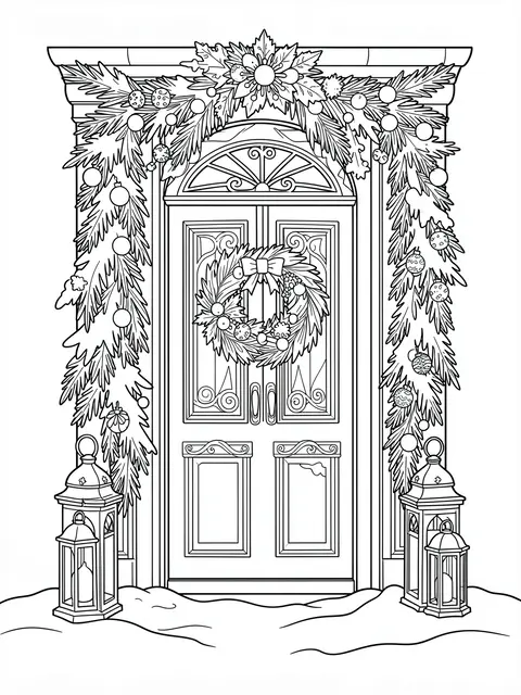 Black and white line art of a decorated front door with holiday garlands, a wreath, lanterns, and snow on a white background