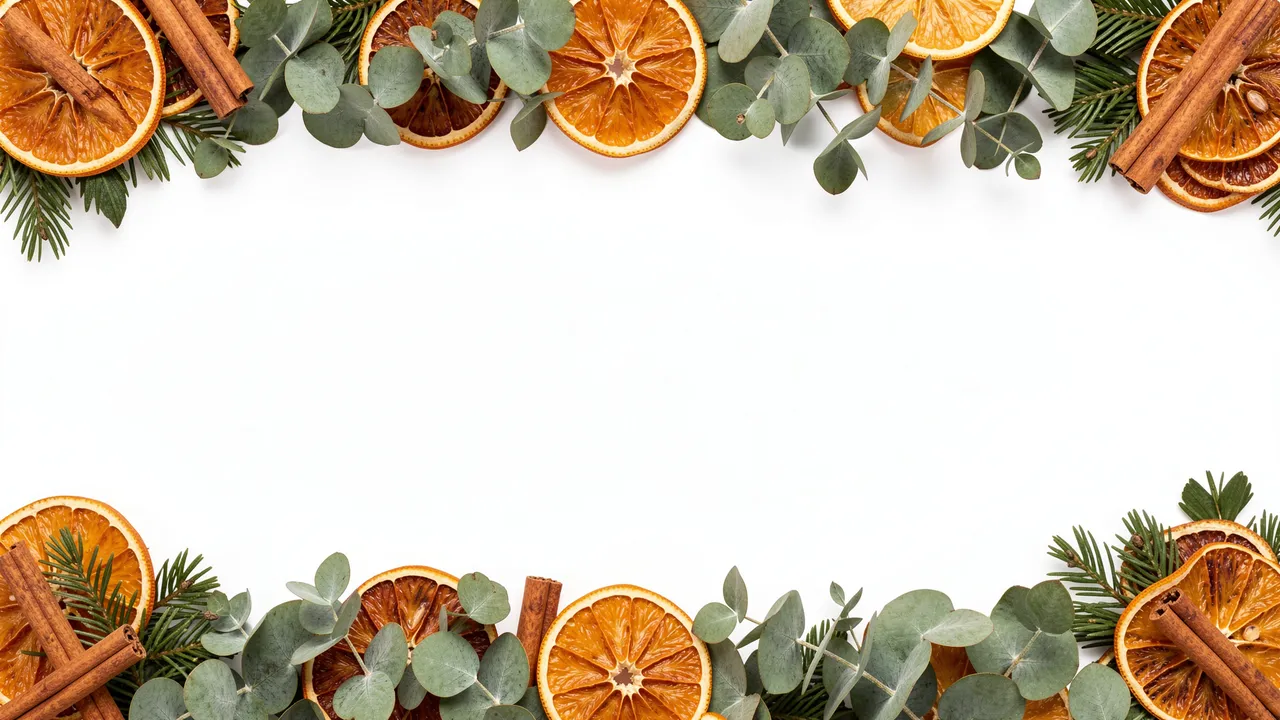 Top and bottom festive borders of eucalyptus, dried orange slices, cinnamon and pine sit against an empty white center.