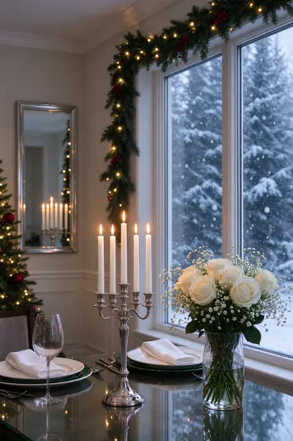 Set dining table with silver candelabra and white roses beside a snow-framed holiday window