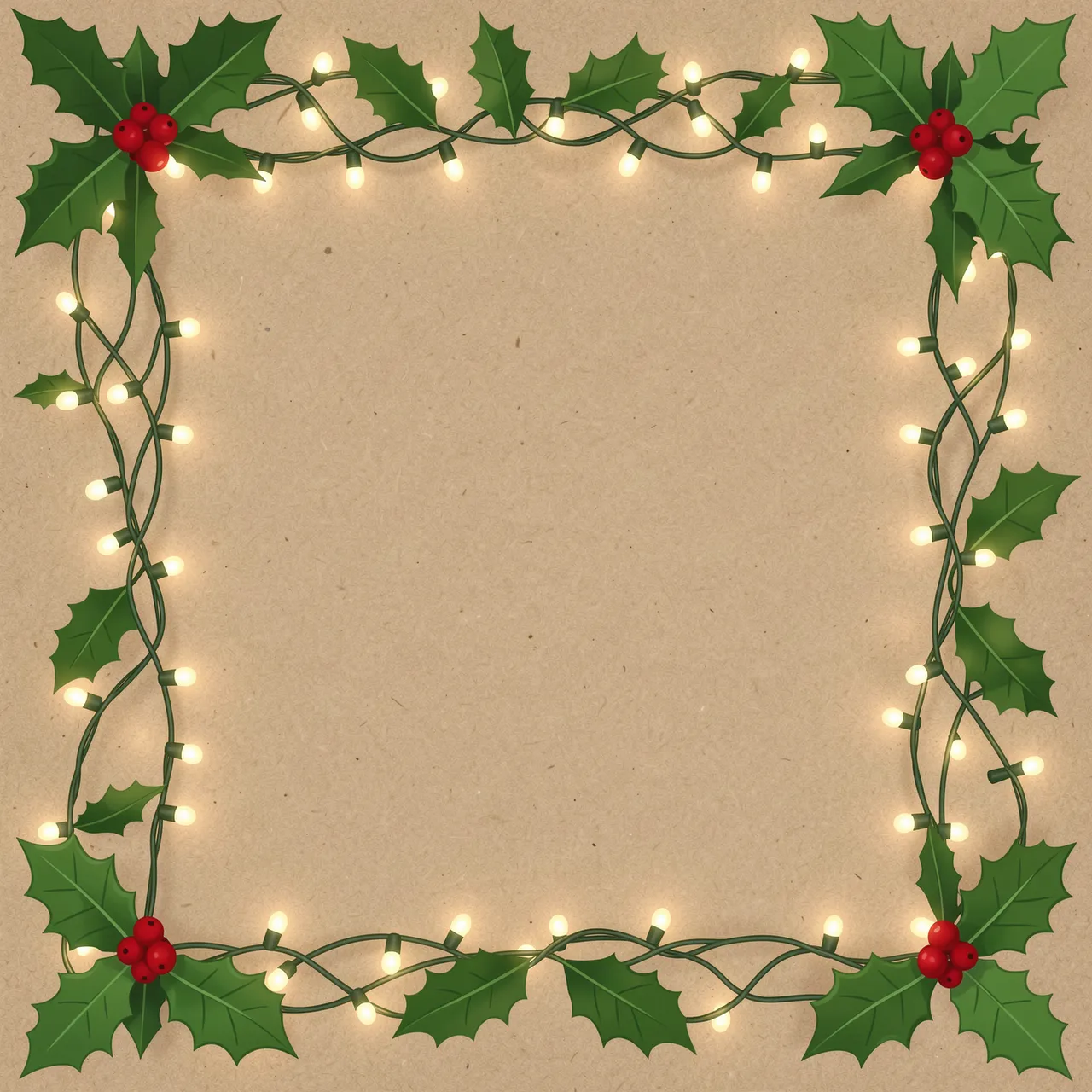 Square decorative frame of fairy lights and holly surrounds empty kraft paper copy space.