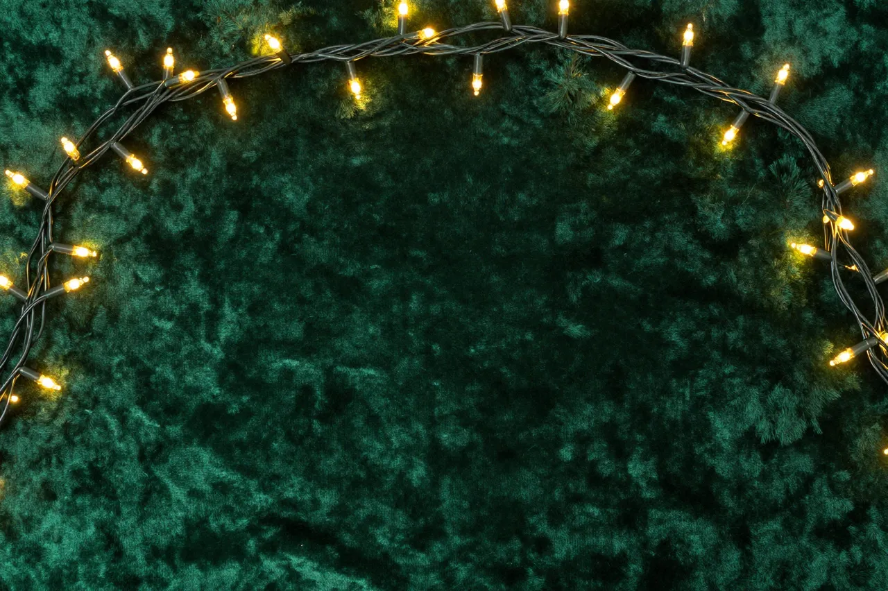 Warm gold fairy lights form a border around empty central space on dark emerald velvet