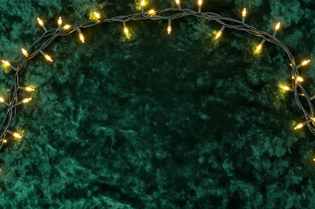 Warm gold fairy lights form a border around empty central space on dark emerald velvet