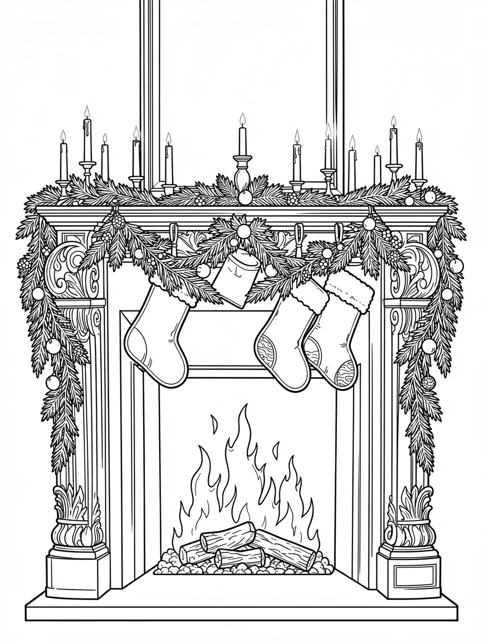 Black and white line art of an ornate festive fireplace mantel with stockings, garland, candles and a burning fire