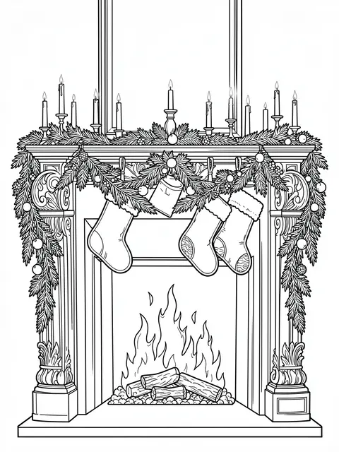 Black and white line art of an ornate festive fireplace mantel with stockings, garland, candles and a burning fire