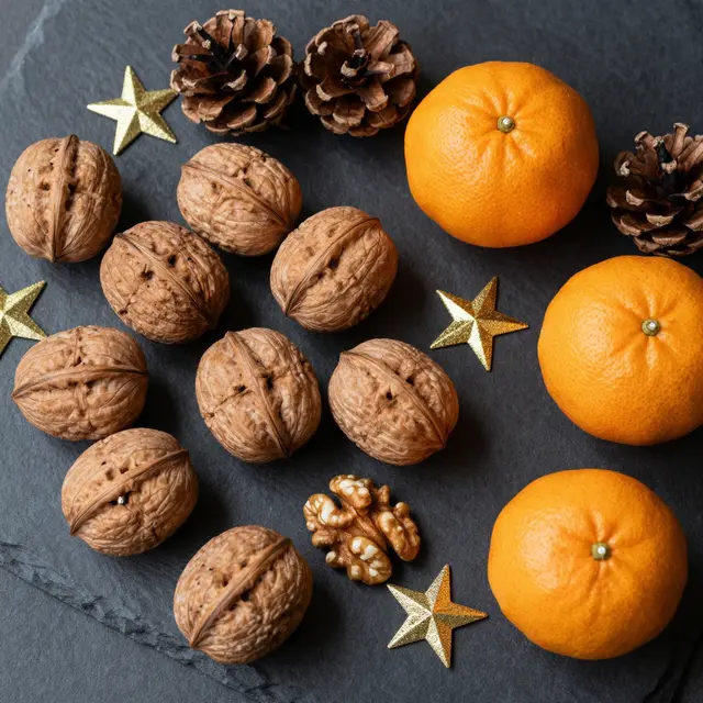 Festive flat lay arrangement of walnuts, clementines, pine cones and gold star decorations on dark slate