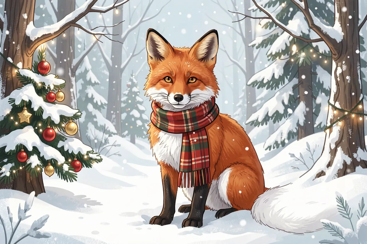 A red fox wearing a plaid scarf sits in a snowy Christmas forest beside a decorated small evergreen tree.