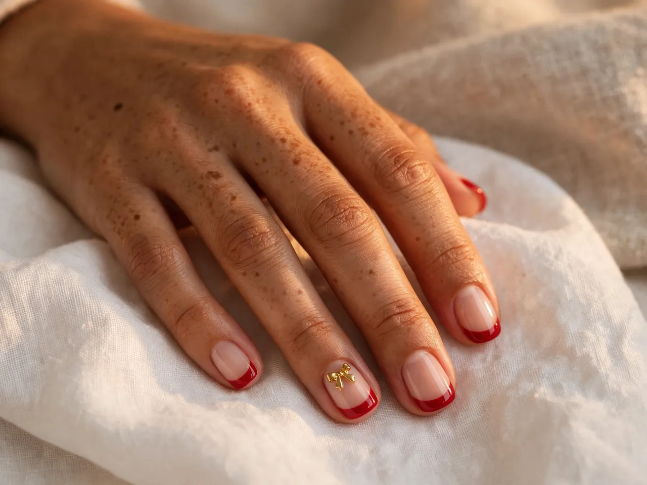 Close-up of a freckled hand with red French tip Christmas nails resting on soft white linen