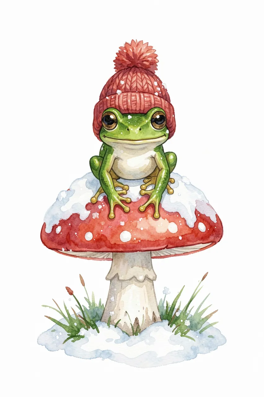 A cute green frog wearing a red knit pom-pom beanie sits on a snow-dusted red toadstool mushroom in a winter scene.