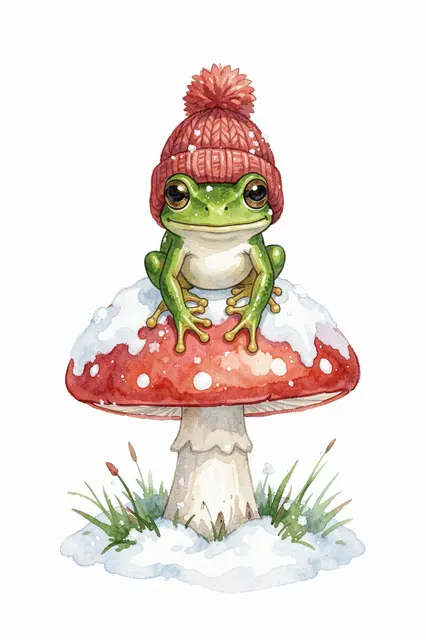 A cute green frog wearing a red knit pom-pom beanie sits on a snow-dusted red toadstool mushroom in a winter scene.