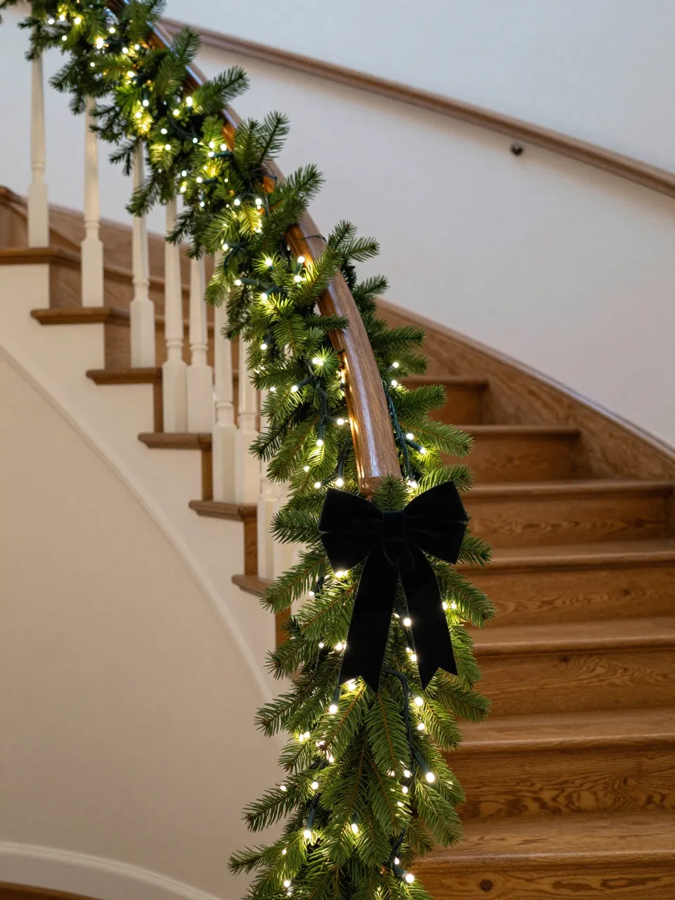 Lit pine Christmas garland with a black velvet bow wrapped along a curved wooden staircase banister