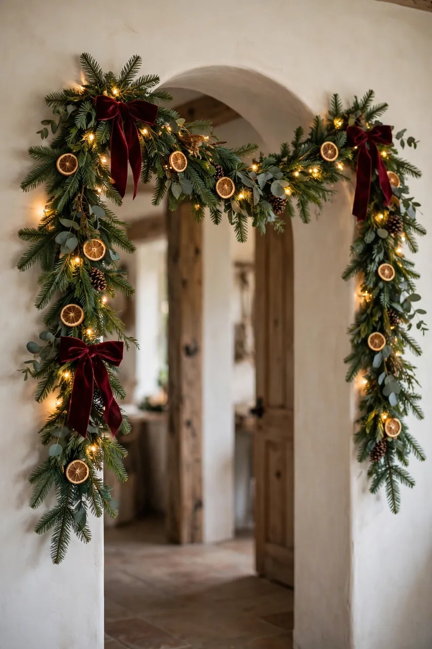 Fir Christmas garland with fairy lights, dried oranges and velvet bows decorates an interior arched doorway
