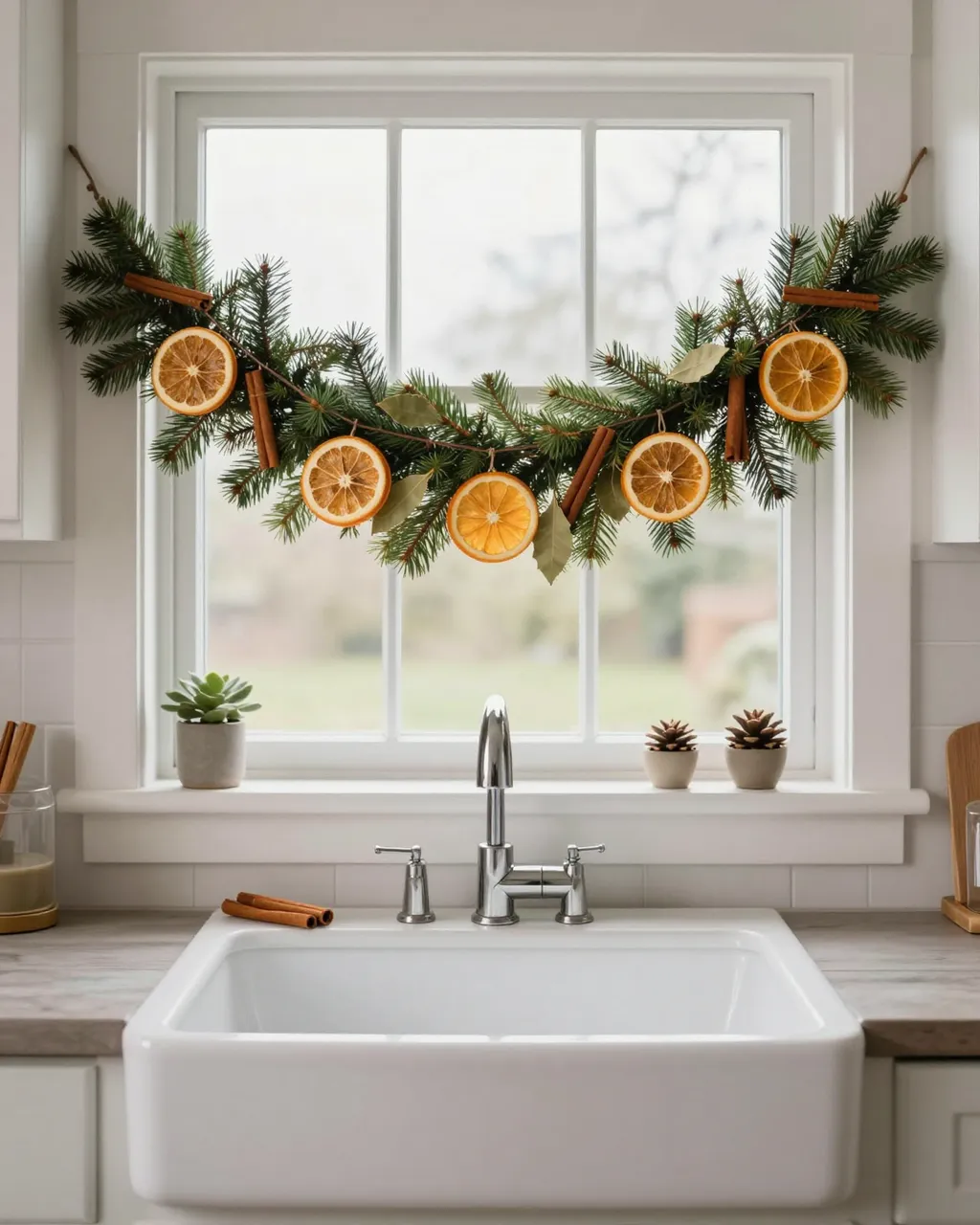 Dried orange and pine Christmas garland draped above a white farmhouse kitchen sink under a window.