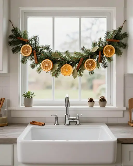 Dried orange and pine Christmas garland draped above a white farmhouse kitchen sink under a window.