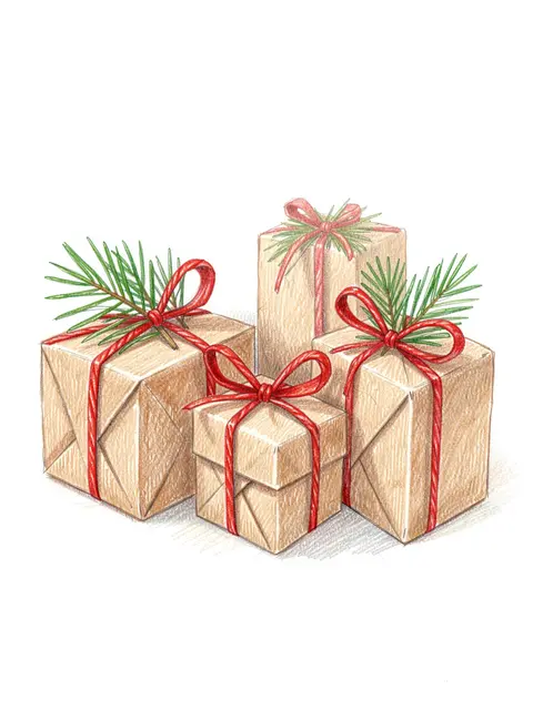 Colored pencil illustration of four kraft-wrapped Christmas gifts with red twine bows and pine sprigs on a plain white
