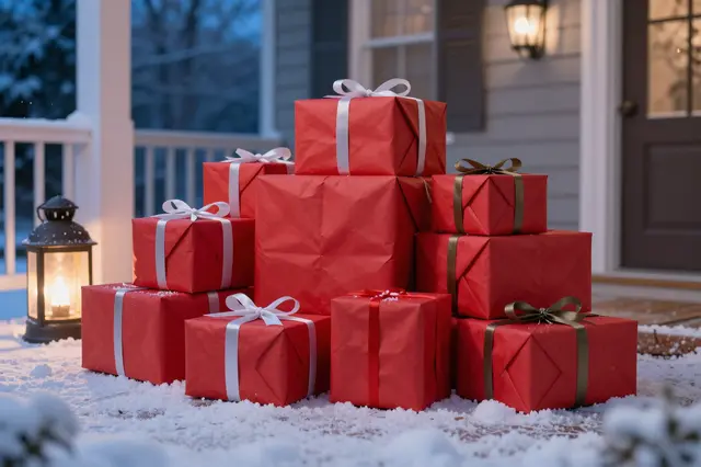 Stack of red wrapped Christmas gifts sits on a snowy porch beside glowing lanterns at blue dusk