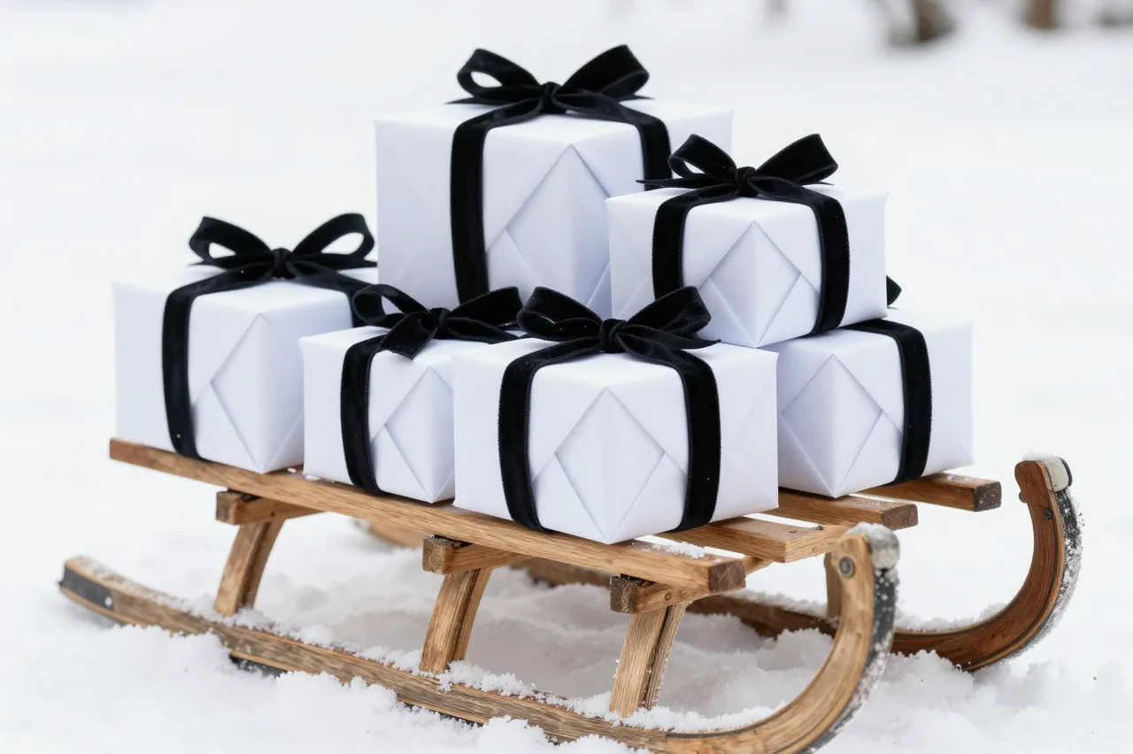 Stacked wrapped holiday gifts sit on a vintage wooden sled resting in fresh snow
