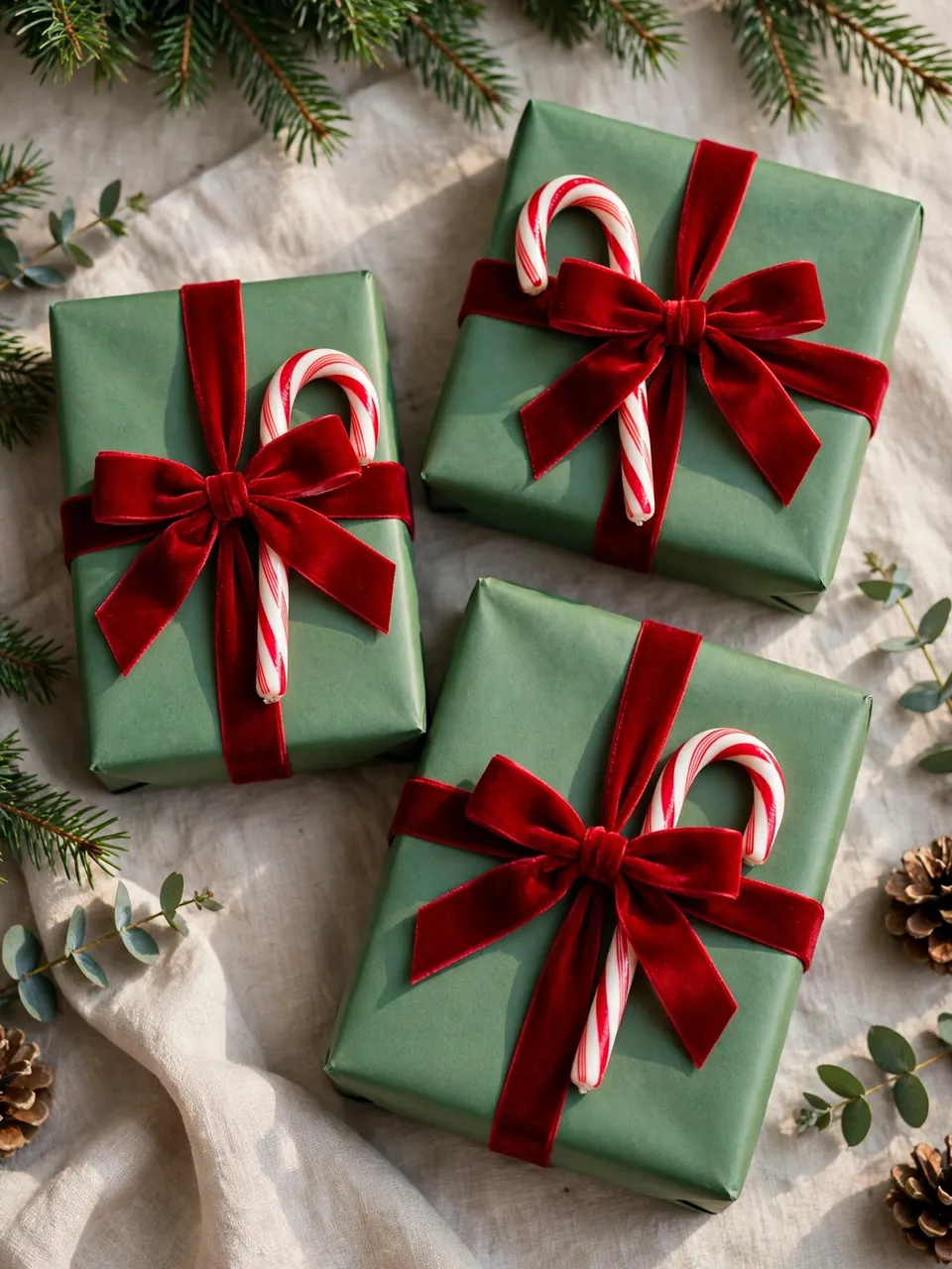 Three green wrapped holiday gifts with red velvet bows and candy canes arranged with evergreen sprigs on linen