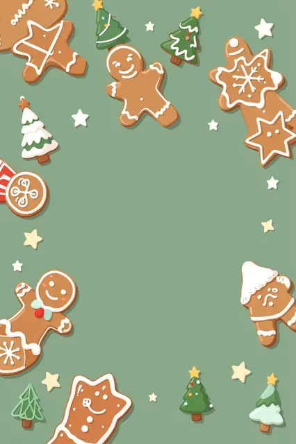 Iced gingerbread cookies, tiny trees and stars frame empty sage green copy space in a flat festive illustration