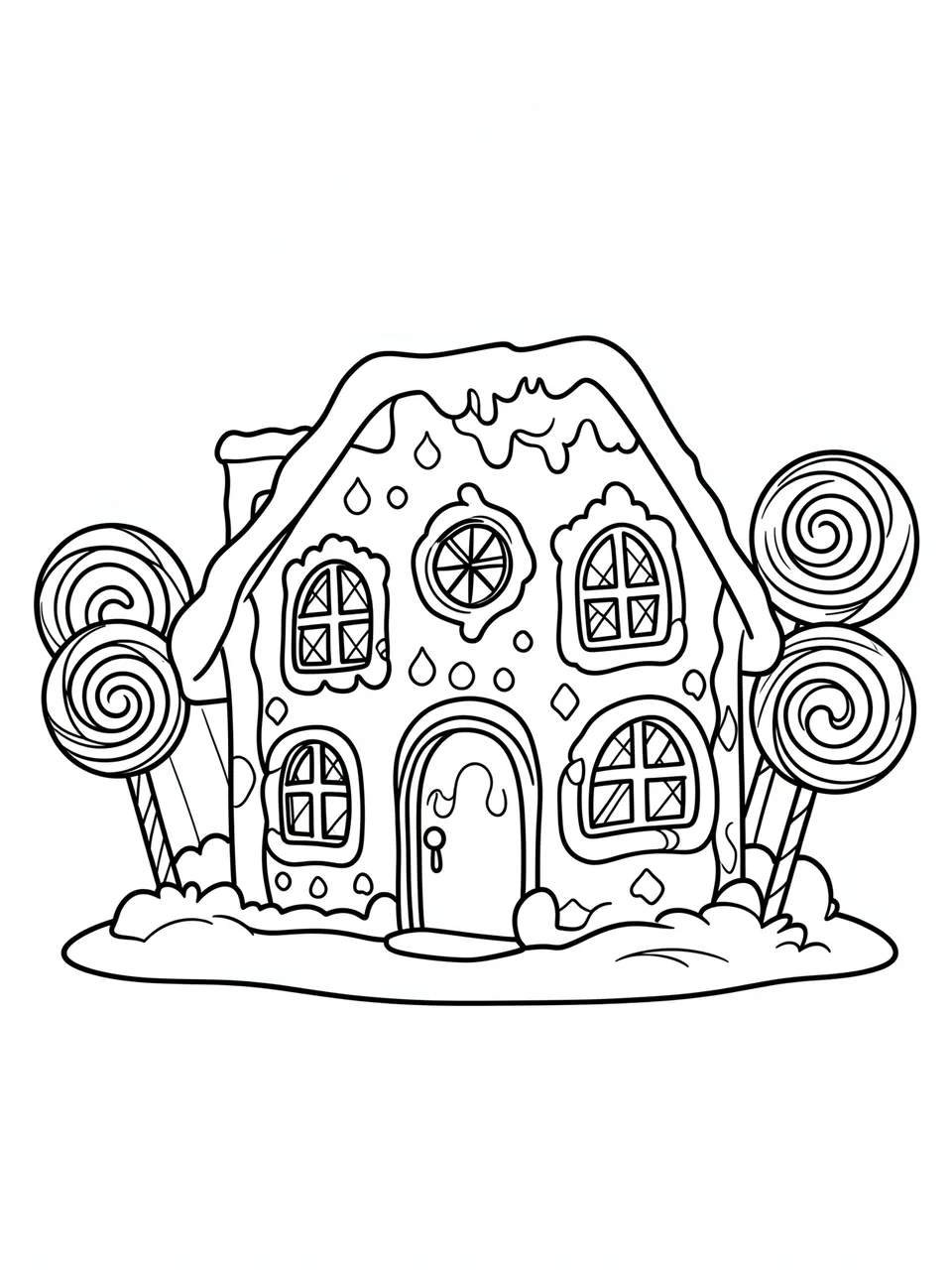 Black and white bold line art of a decorated gingerbread house with lollipop accents on a plain white background