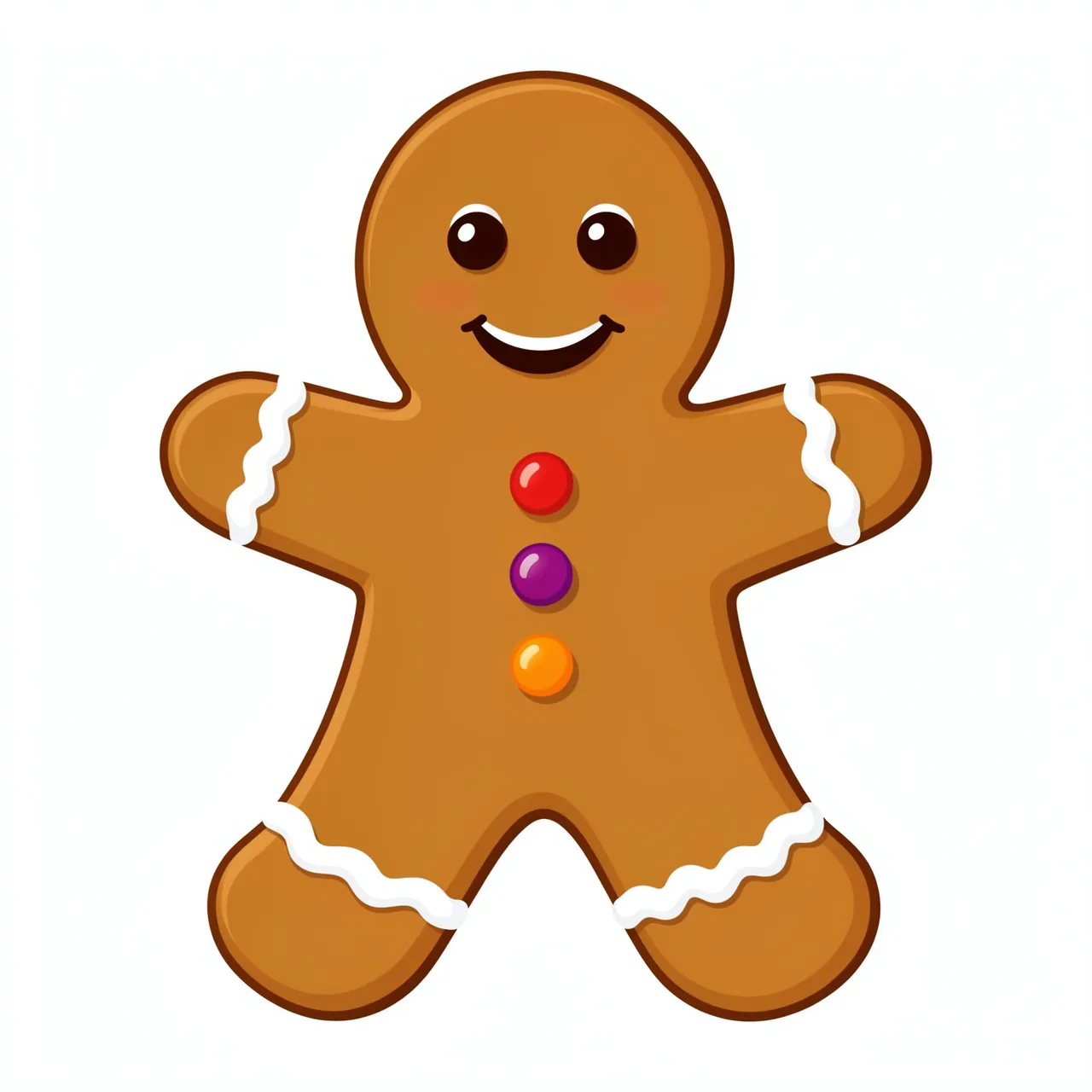 Smiling gingerbread man with white icing trim and colorful gumdrop buttons on a plain white background