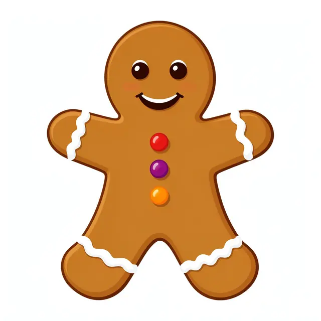 Smiling gingerbread man with white icing trim and colorful gumdrop buttons on a plain white background