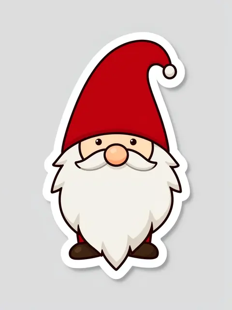 Cute flat Christmas gnome die-cut sticker with a thick white border on a light gray background