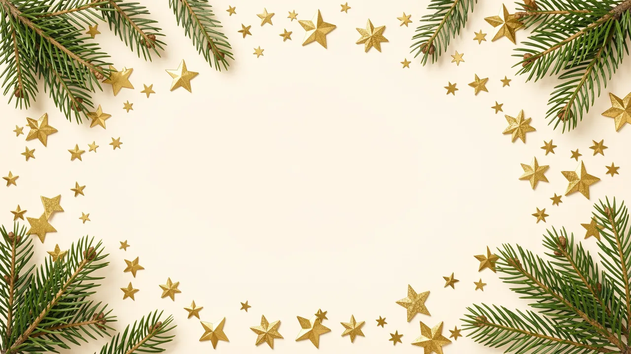 A decorative border of pine sprigs and scattered gold stars surrounds blank cream copy space