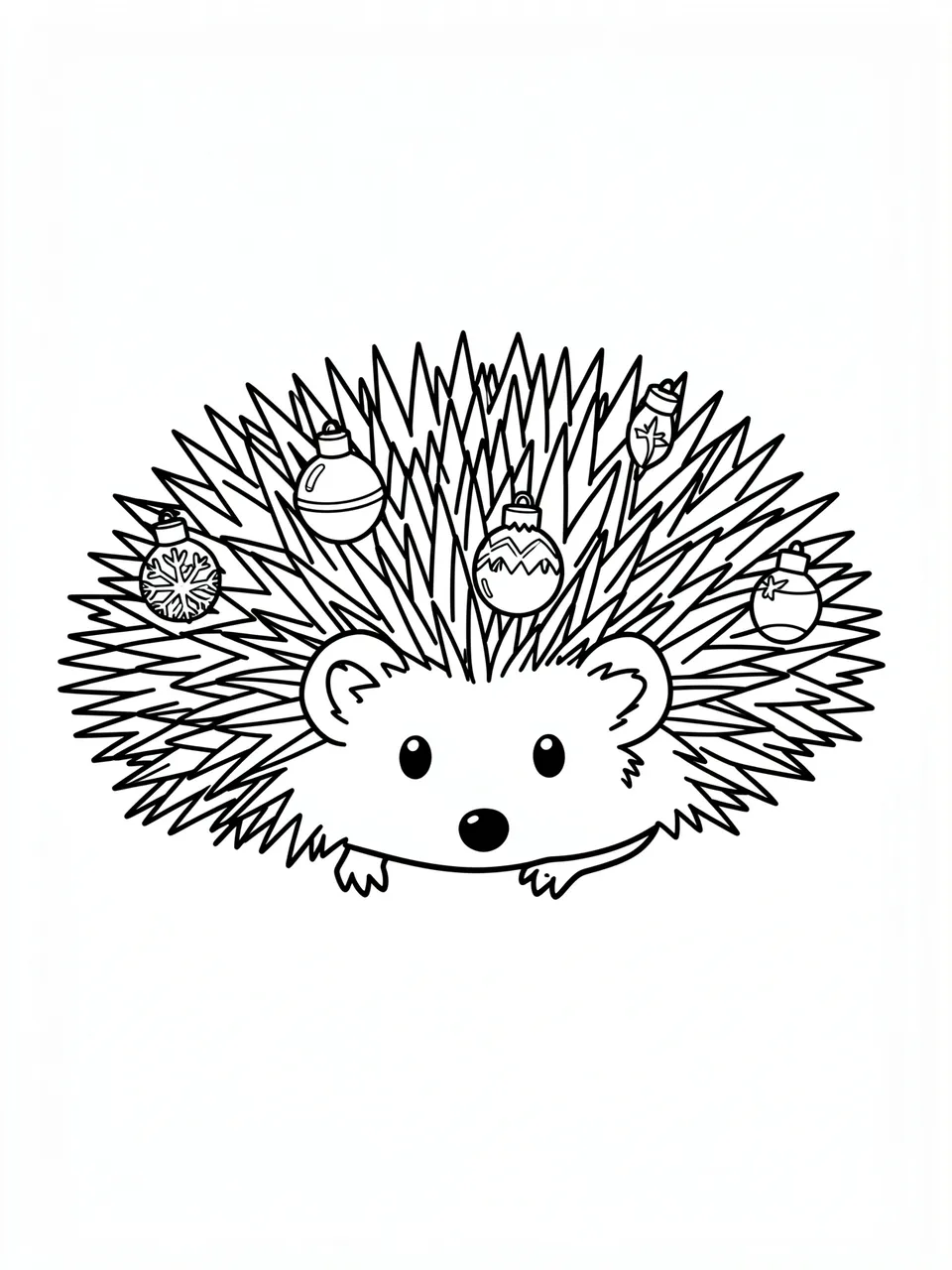 Black and white bold line art of a hedgehog with Christmas baubles resting on its spines, on a plain white background