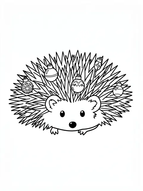 Black and white bold line art of a hedgehog with Christmas baubles resting on its spines, on a plain white background