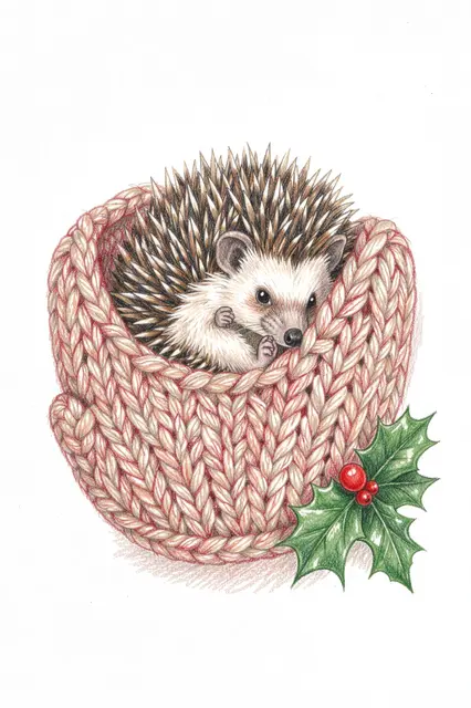 Colored pencil illustration of a hedgehog resting inside a knitted mitten beside a holly sprig