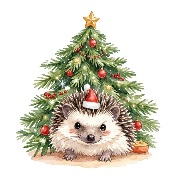 A cute watercolor hedgehog wearing a tiny Santa hat sits in front of a decorated Christmas tree
