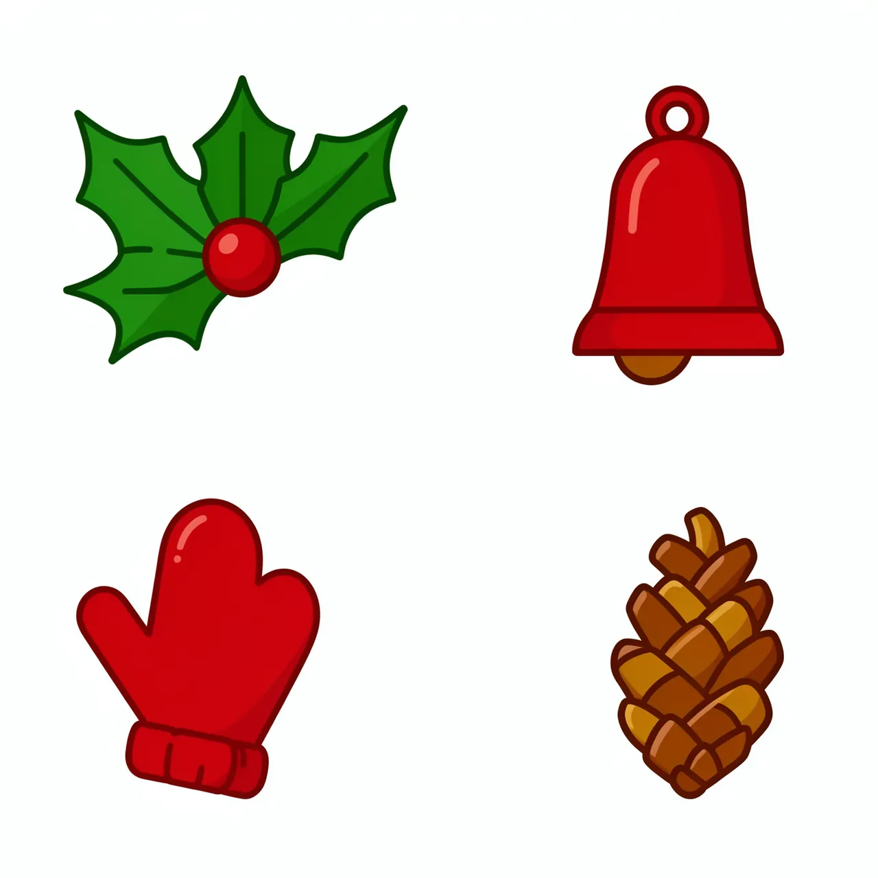 Flat vector illustration set of holly, a bell, a mitten and a pine cone arranged on a plain white background