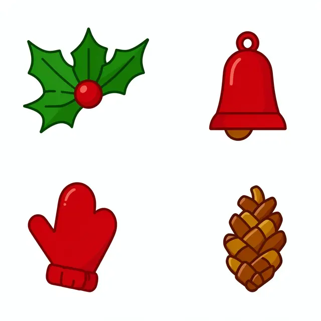 Flat vector illustration set of holly, a bell, a mitten and a pine cone arranged on a plain white background