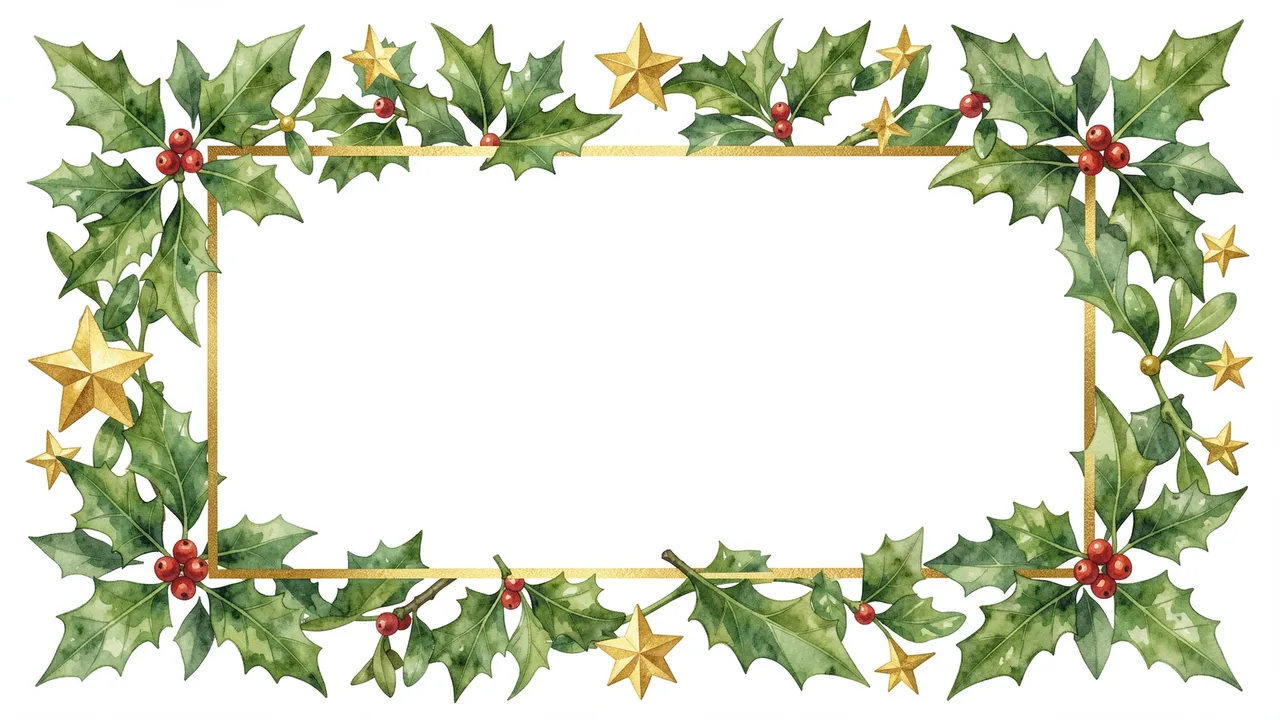 Watercolor festive frame of holly, mistletoe and gold stars around an empty white center