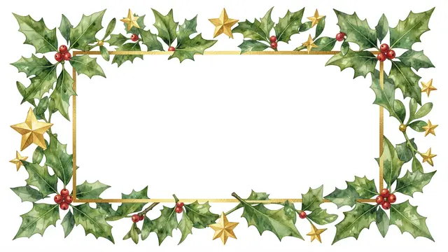Watercolor festive frame of holly, mistletoe and gold stars around an empty white center