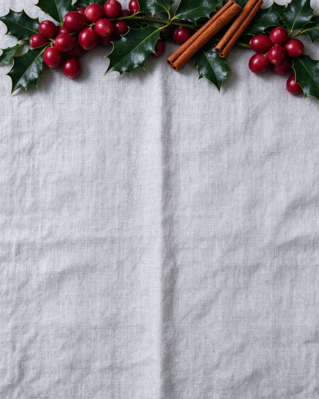 Overhead view of holly, cranberries and cinnamon arranged along the top of pale gray linen with empty copy space below.