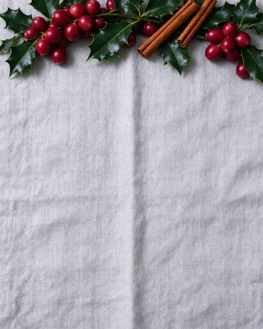 Overhead view of holly, cranberries and cinnamon arranged along the top of pale gray linen with empty copy space below.