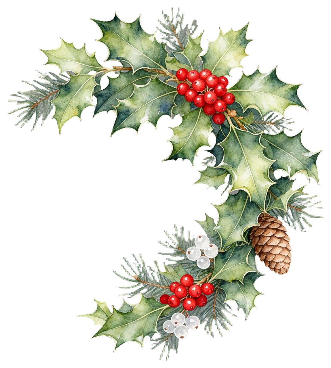 Watercolor curved corner arrangement of holly, red berries, pine sprigs and a pinecone