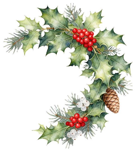 Watercolor curved corner arrangement of holly, red berries, pine sprigs and a pinecone