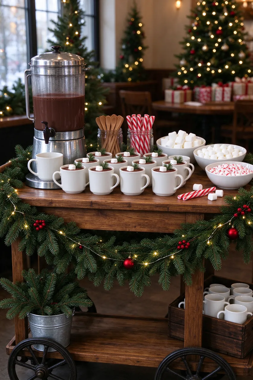 Wooden cart holds a festive hot cocoa setup with mugs, marshmallows, peppermint and holiday garland